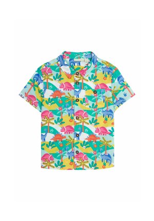 Kurzärmliges Kinderhemd zum Knöpfen mit buntem Dinosaurier- und tropischem Pflanzenmuster in Pink, Blau, Grün, Gelb und Orange.