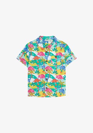 Chemise pour enfants à manches courtes avec boutons, imprimée de dinosaures colorés et de plantes tropicales en rose, bleu, vert, jaune et orange.