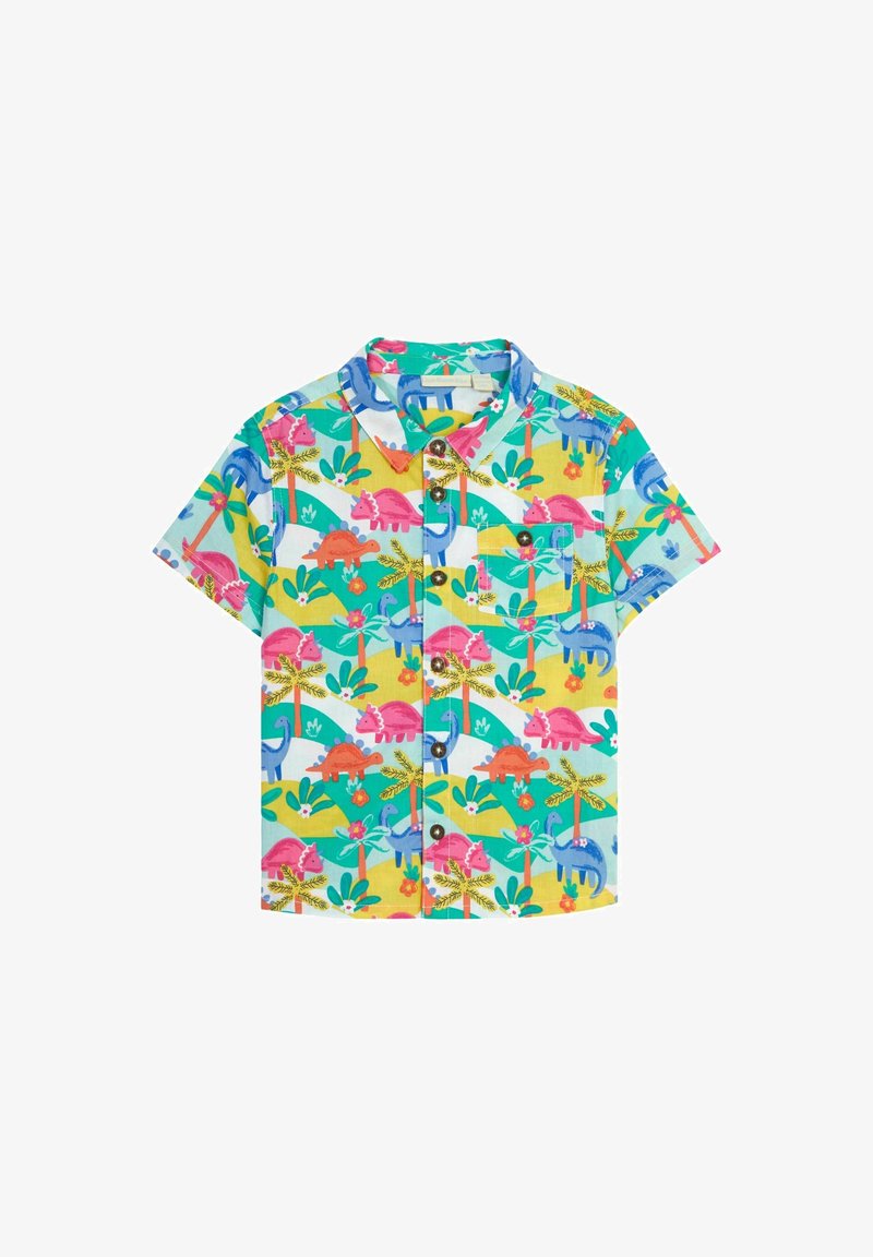 Chemise pour enfants à manches courtes avec boutons, imprimée de dinosaures colorés et de plantes tropicales en rose, bleu, vert, jaune et orange.