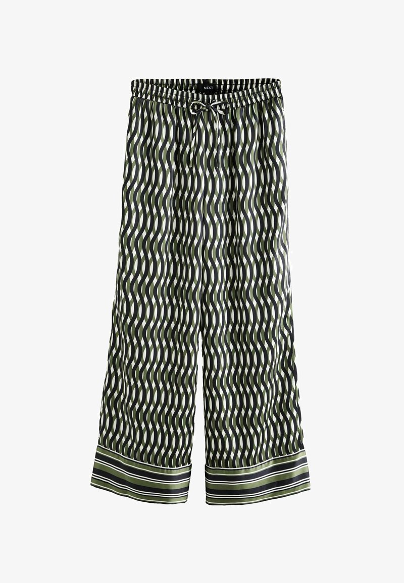 Pantalon à jambes larges avec ceinture élastique et lien, avec des rayures verticales ondulées vertes et noires et des poignets rayés horizontaux.