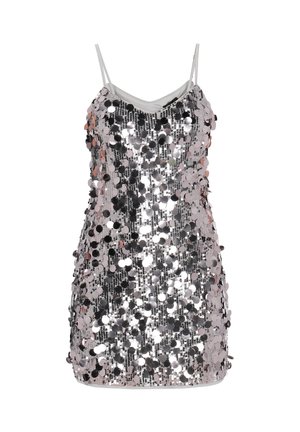 Silbernes Mini-Kleid mit Pailletten und dünnen Trägern, mit taillierter Passform und glänzender, reflektierender Oberfläche. Abgerundeter Saum mit Futter.