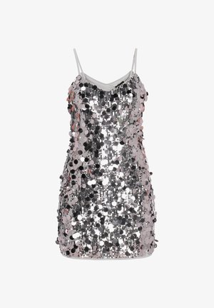 Zilverkleurige glinsterende minijurk met dunne bandjes, een nauwsluitende pasvorm en een glanzend, reflecterend oppervlak. Afgeronde zoom met een slipvoering.