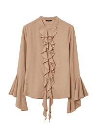 Blusa beige con maniche lunghe, dettaglio arricciato sul davanti e polsini a campana. Realizzata in tessuto leggero, presenta bottoni e un laccio.