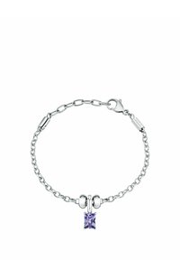 Bracciale in argento con design a catena intrecciata, caratterizzato da un gemma centrale viola in taglio rettangolare. Chiusura con gancio a molla all'estremità.