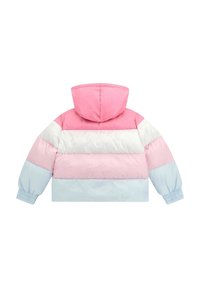 Giacca a vento imbottita con cappuccio, caratterizzata da strisce orizzontali in rosa, bianco e azzurro. Polsini elasticizzati e design corto. Texture liscia.