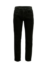 Pantalones rectos de pana negra con cierre frontal de botón y cremallera, trabillas para cinturón y diseño de cinco bolsillos.
