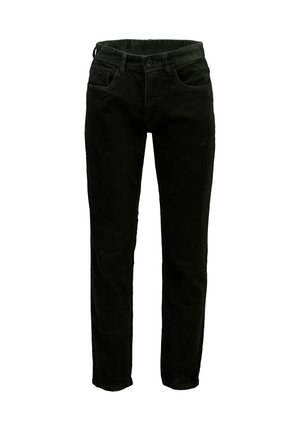 Pantalones rectos de pana negra con cierre frontal de botón y cremallera, trabillas para cinturón y diseño de cinco bolsillos.