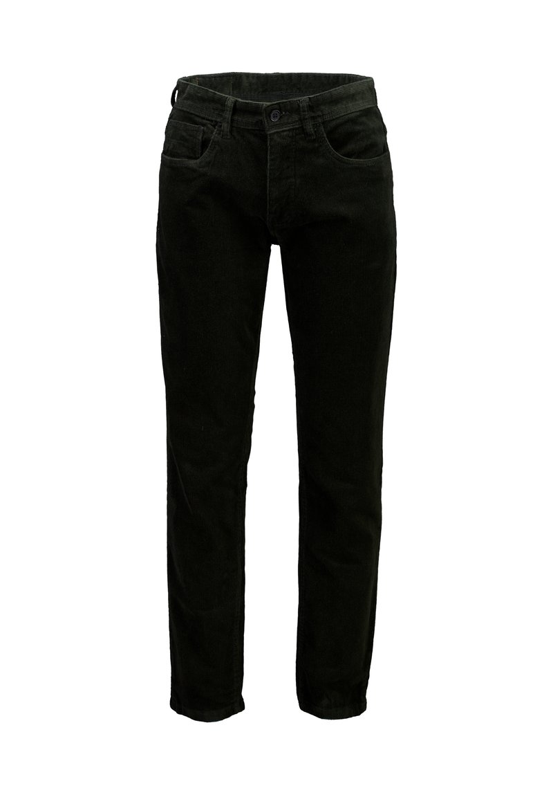 Pantalones rectos de pana negra con cierre frontal de botón y cremallera, trabillas para cinturón y diseño de cinco bolsillos.