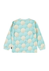 Långärmad skjorta i ljusblå och beige hexagonal mönster, tillverkad av mjukt tyg med logodetaljer på baksidan och ärmarna.