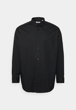 Black long-sleeve button-up shirt made of smooth fabric featuring a classic collar, seven buttons down the front, and buttoned cuffs.