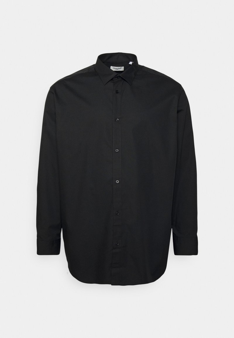 Zwarte lange mouwen knoopsluiting shirt gemaakt van gladde stof met een klassieke kraag, zeven knopen aan de voorkant en knoopmanchetten.