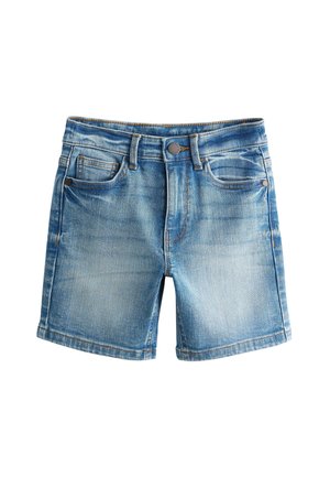Šviesiai mėlynos spalvos džinsiniai šortai su išblukusiu efektu, penkiomis kišenėmis, priekyje susegami mygtuku ir su lygiais siūlais. Laisvalaikio stilius, tinkamas šiltam orui.