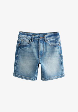 Pantaloni scurți din denim, de culoare albastru deschis, cu spălare decolorată, cinci buzunare, închidere frontală cu nasturi și cusături plane. Stil casual, potrivit pentru vreme caldă.