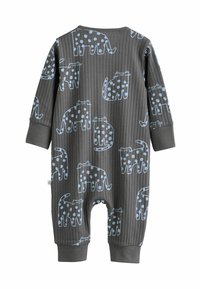 Gray ribbed onesie featuring a playful design of blue patterned cats. Long sleeves, round neckline, and elasticated cuffs for comfort.