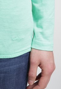Mint vihreä pitkähihaista paitaa pehmeällä tekstuurilla, jossa on sivuvao, viimeistelty helma ja hienovarainen brodeerattu logo lähellä pohjaa.
