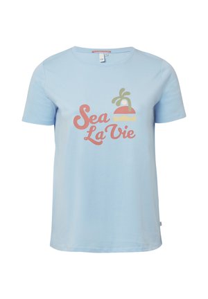 Lichtblauw katoen T-shirt met korte mouwen, voorzien van een kleurraf 'Sea La Vie' grafiek en palmontwerp op de voorkant.