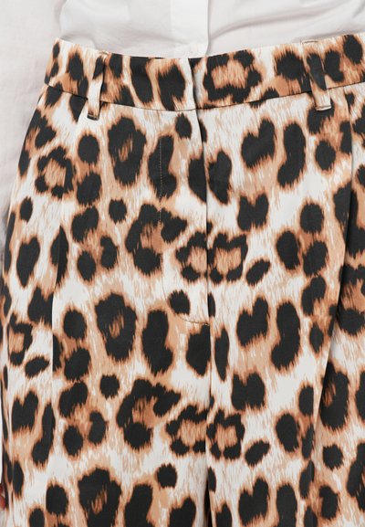 Leopard print trousers in soft fabric, featuring tan, black, and ivory colors. Pleated design with belt loops and a side pocket detail.