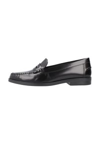 Zwarte leren loafers met een ronde neus en decoratieve stiksels. Voorzien van een platte zool en een lichte hak; gladde, gepolijste afwerking.