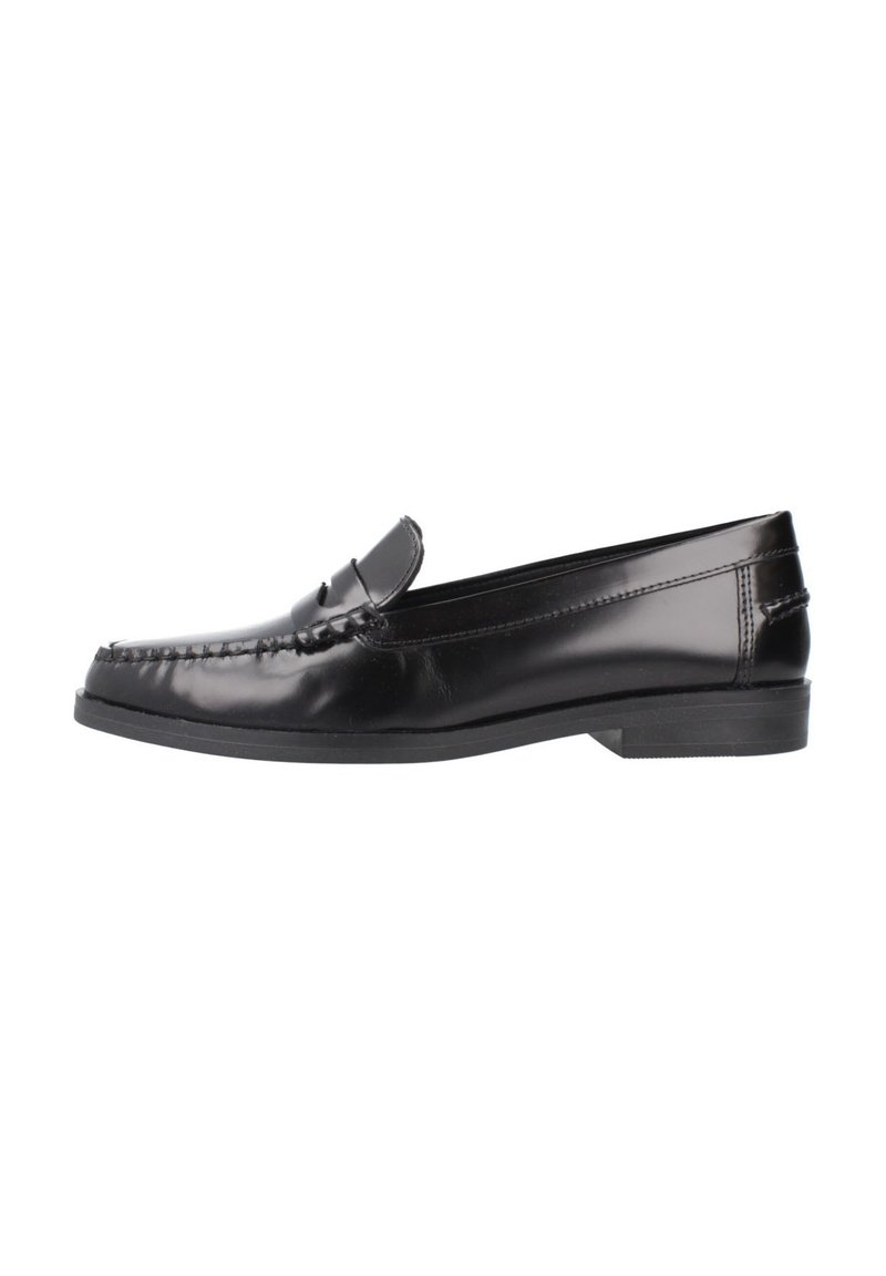 Zwarte leren loafers met een ronde neus en decoratieve stiksels. Voorzien van een platte zool en een lichte hak; gladde, gepolijste afwerking.
