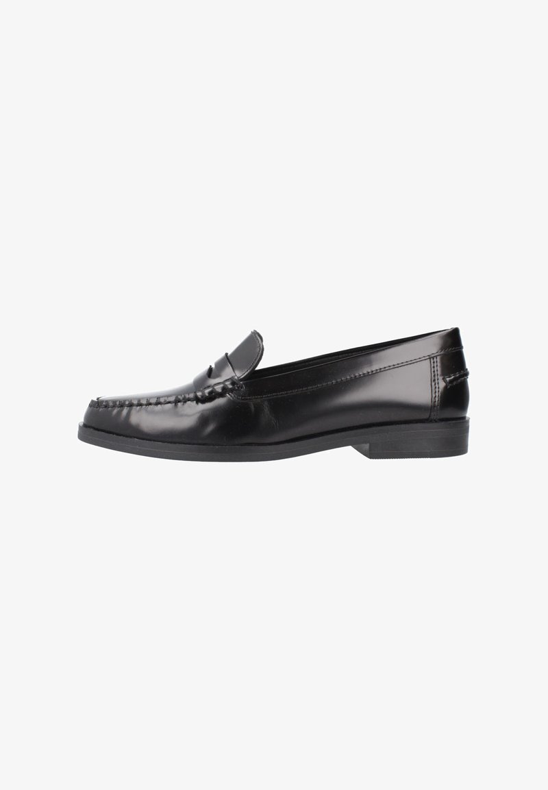 Zwarte leren loafers met een ronde neus en decoratieve stiksels. Voorzien van een platte zool en een lichte hak; gladde, gepolijste afwerking.