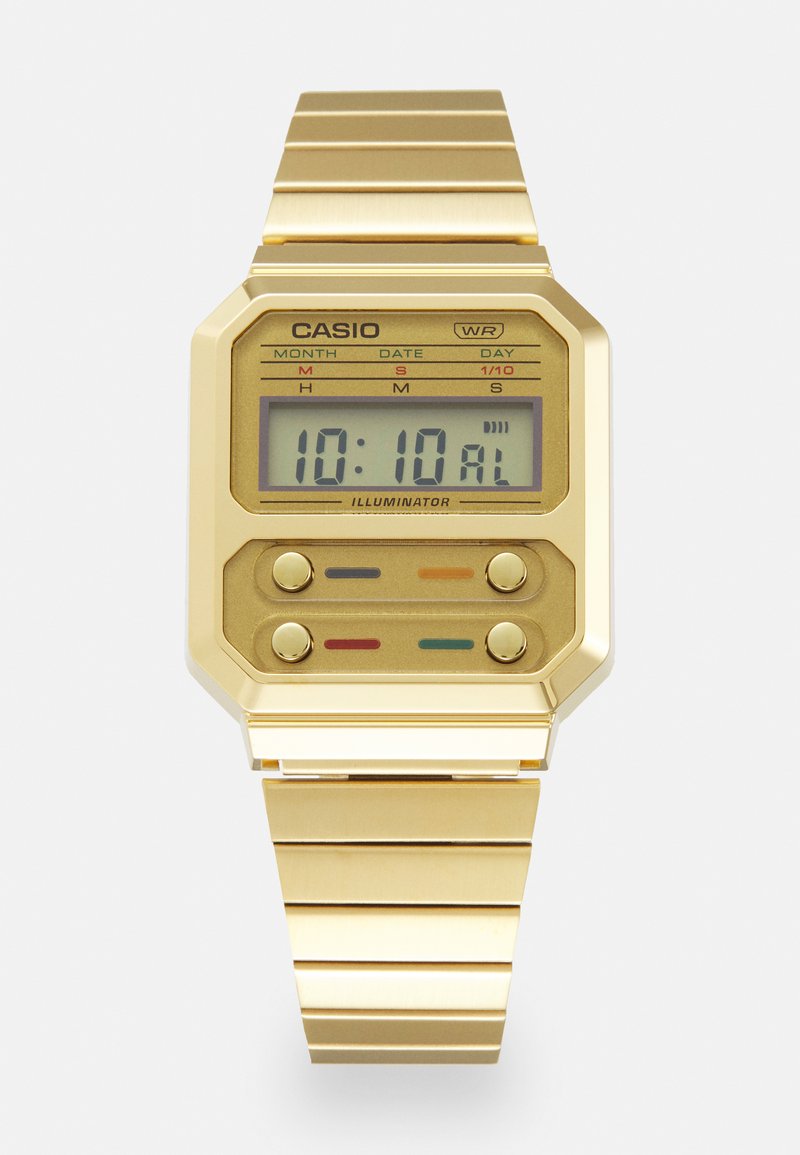 Digital Casio watch with a gold-colored metal case and band. Features an LCD display with green, red, and orange buttons below the screen.