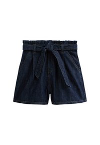 Dark blue denim shorts with a paperbag waist, featuring a tie belt, pleated front, and two side pockets. Soft texture and casual design.