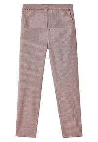 Pantalon slim coupe cheville avec un petit motif à carreaux rouge et blanc et des poches latérales, présenté à plat sur un fond blanc.