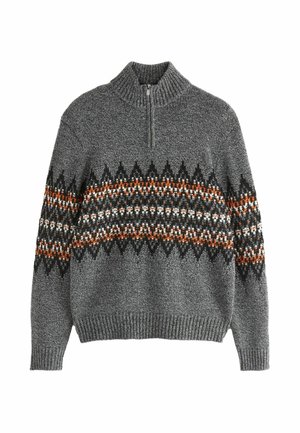 Maglione grigio a maglia con colletto a mezzi zip, caratterizzato da un motivo geometrico in arancione, bianco e nero sul petto e sulle maniche.
