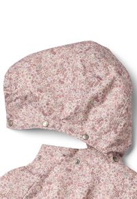 Floral-patterned raincoat in soft pink and lavender, featuring a hood and snap closures. Material has a smooth texture.