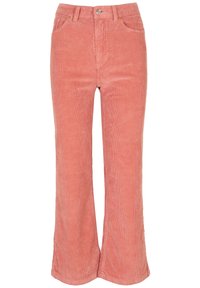 Corduroy flare broeken in zachtroze, met een hoge taille, voorzakken en subtiele verticale ribbels voor textuur.