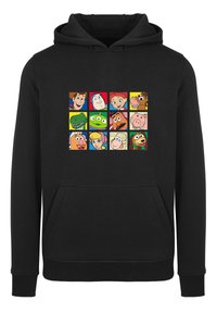Felpa nera con cappuccio che presenta una grafica frontale di 12 volti di personaggi dei cartoni in quadrati, con colori di sfondo e espressioni variabili.