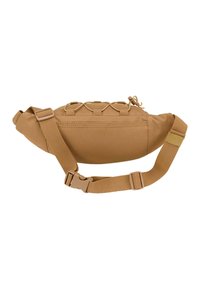 Bolsa de cadera de tela color beige con forma redondeada, correa ajustable y cordón elástico exterior para sujeción. Presenta múltiples lazos de cincha.