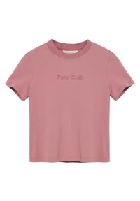 Rosa bomullströja med rund halsringning och korta ärmar. Har den präglade texten "Polo Club" på framsidan i mitten.