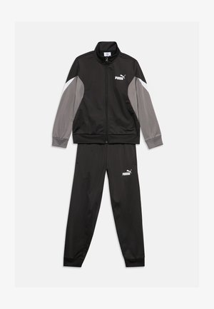 Μαύρη φόρμα Puma με ζακέτα με φερμουάρ που έχει γκρι και λευκά μπλοκ χρώματος στα μανίκια και ταιριαστό μαύρο παντελόνι με λογότυπο.