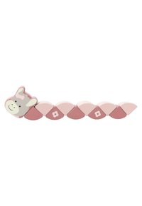 Plastic toy caterpillar in pink and pastel shades, with a smiling animal face and flower accents on body segments. Flexible, segmented design.