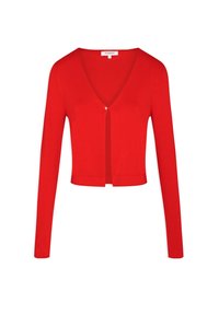 Röd kort kofta med långa ärmar, v-ringning och knappstängning. Tillverkad av mjukt stickat tyg med en slät textur.