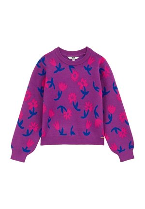 Fioletowy sweter z długim rękawem, ozdobiony różowymi i niebieskimi wzorami kwiatowymi, z prążkowanymi mankietami i na dole, ułożony płasko na białym tle.
