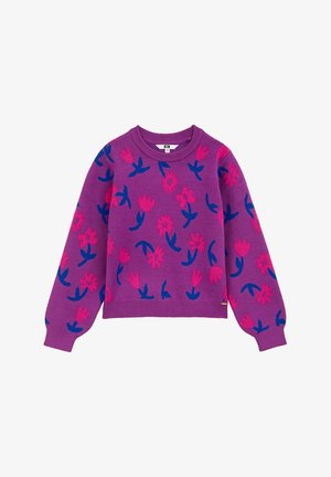 Lilla langærmet sweater med pink og blå blomstermønstre samt ribbede manchetter og kant, lagt fladt på en hvid baggrund.