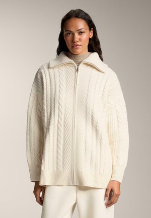 Helles Cremefarbenes Grobstrick-Zipper-Sweatshirt mit hohem Kragen, gerippten Bündchen und lässiger Passform, das mit aufwändigen Zopfmustern verziert ist.