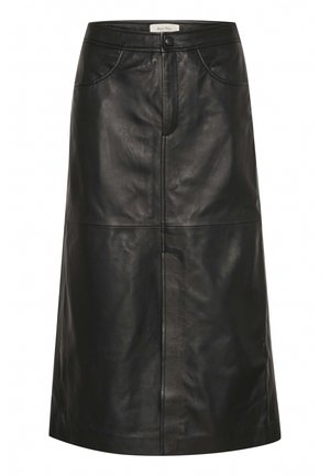 Black leather A-line skirt featuring front pockets, a button closure, and visible seam detailing for a structured look.