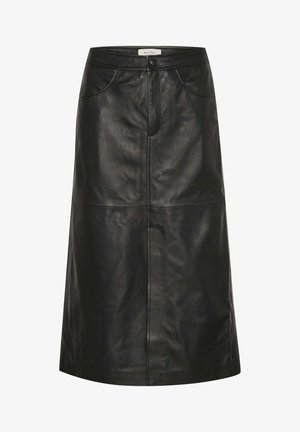 Schwarzer Leder-A-Linien-Rock mit vorderen Taschen, einer Knopfverschluss und sichtbaren Nahtdetails für einen strukturierten Look.