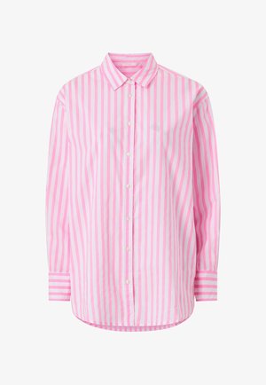 Camicia a righe rosa e bianche con bottoni, maniche lunghe e colletto. Presenta un orlo dritto e chiusura classica con bottoni.
