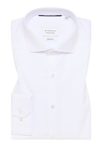 Camicia elegante bianca, modello super slim fit, realizzata in cotone. Presenta un colletto classico, chiusura frontale con bottoni e polsino con singolo bottone. Tessuto morbido e liscio.