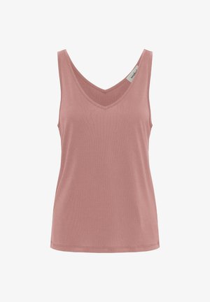 Top sin mangas para mujer en rosa polvo con escote en V y una pequeña etiqueta de tela de la marca en el interior cerca del hombro.