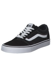 Scarpe da skate nere in tela con lacci bianchi, una striscia laterale bianca e suola in gomma con un motivo testurizzato.