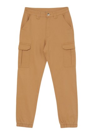 Pantaloni cargo beige realizzati in tessuto morbido, dotati di tasche laterali, polsini elasticizzati e una vita aderente con chiusura a bottone frontale.
