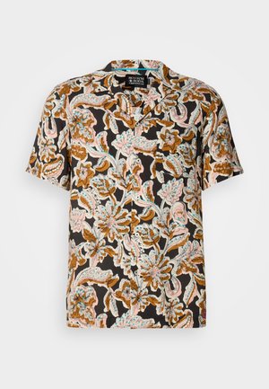 Short-sleeve shirt with a black base, displaying a floral pattern in brown, pink, and blue. Features a camp collar and relaxed fit.