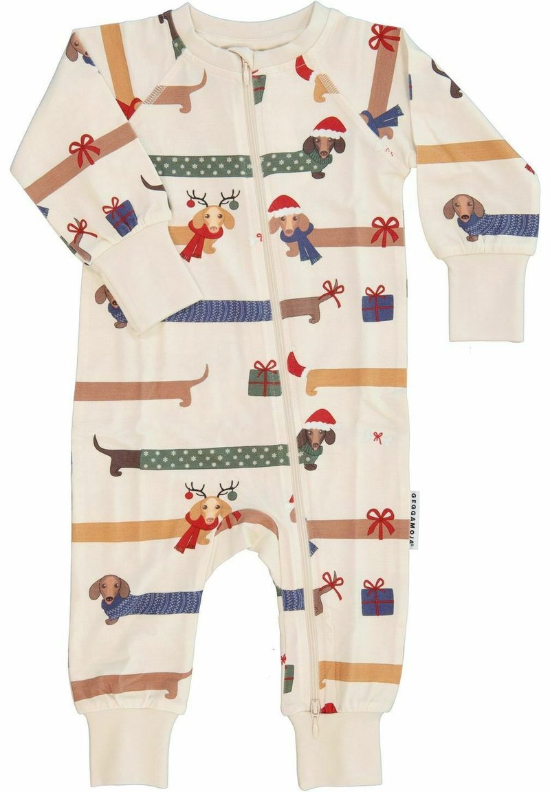 Kauhahihallinen body, joka on valmistettu pehmeästä kankaasta. Taustaväri on kerma, ja siinä on värikkäitä mäyräkoira-illustratioita, jotka käyttävät juhlavia asusteita.