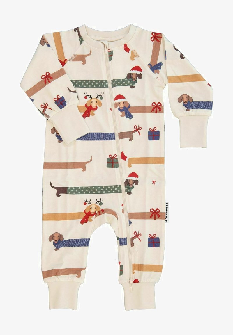 Kauhahihallinen body, joka on valmistettu pehmeästä kankaasta. Taustaväri on kerma, ja siinä on värikkäitä mäyräkoira-illustratioita, jotka käyttävät juhlavia asusteita.