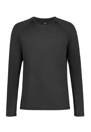 Sort langærmet T-shirt med rund hals, letvægts, glat tekstur og raglanærmer. Ingen synlige mønstre eller accenter.